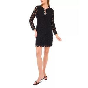 CeCe Women Black Trim Floral Lace Bow Embellished Evening Mini Dress Size US 14